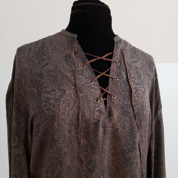 Asos Brown Bell Sleeve V Neck Suede Tie Damask Tunic Small - Picture 7 of 9